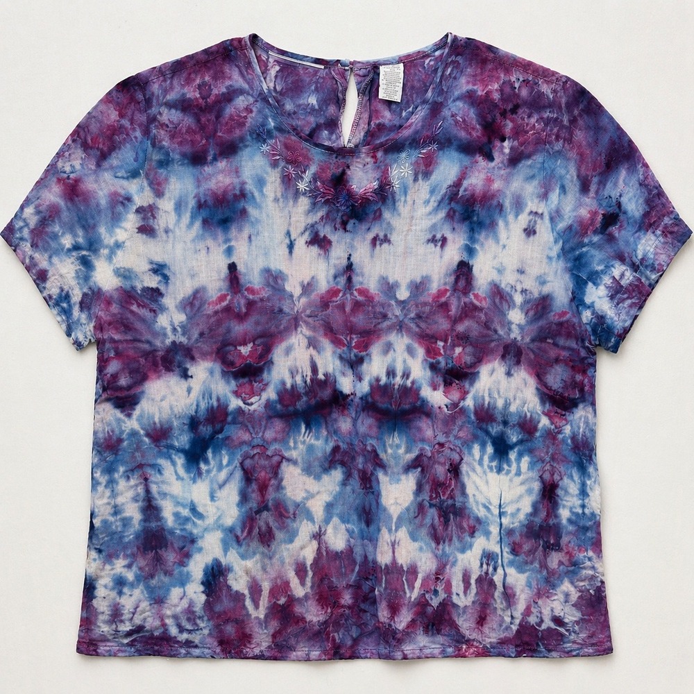 Upcycled vtg Liz Claiborne 100% Linen Top Ice Tie Dye art shibori eurosummer M